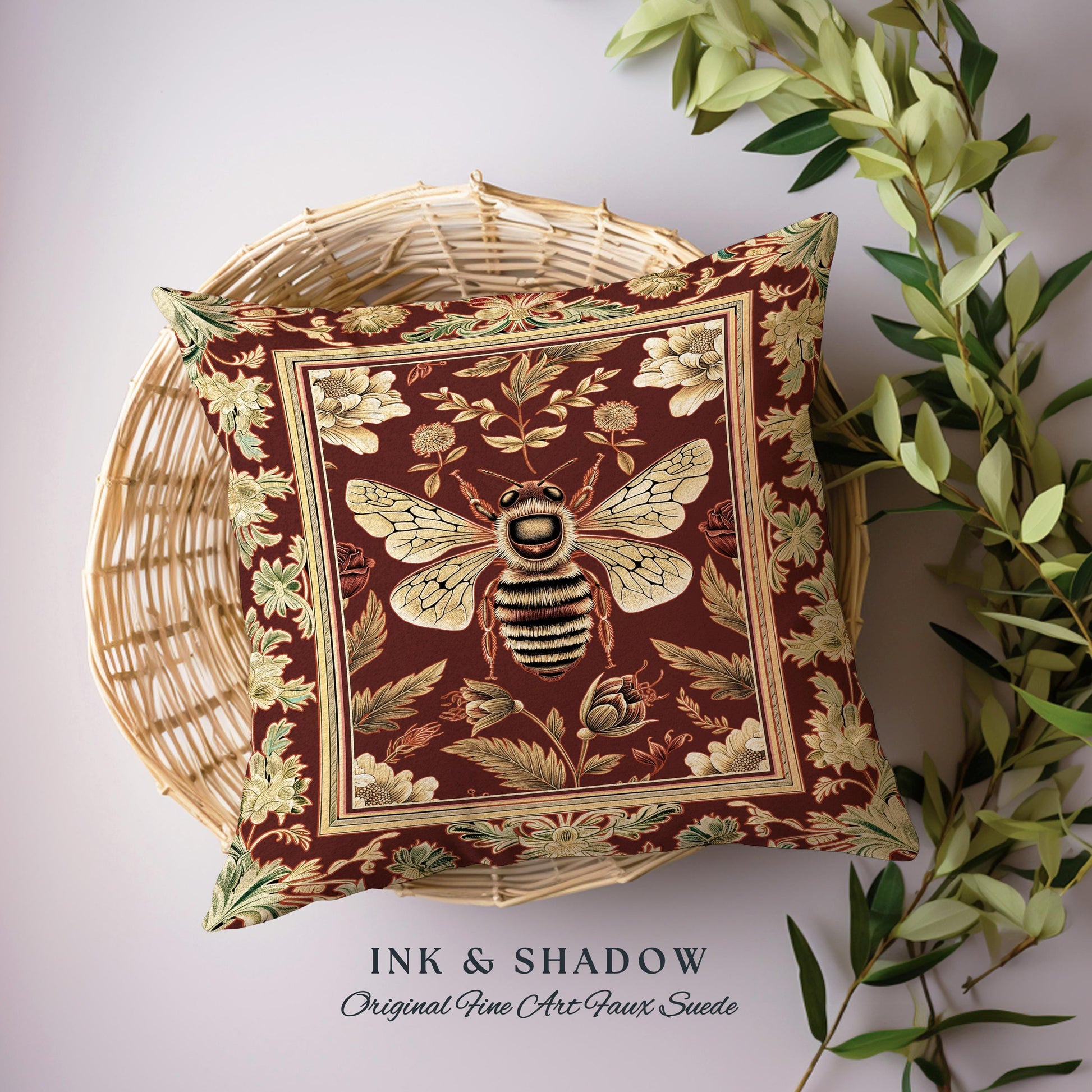 Regal Honeybee Pillow Baroque Inspired Vintage Floral Insect Art Decor | Medieval Cottagecore Bee Garden Woodland Whimsy Folklore Cushion