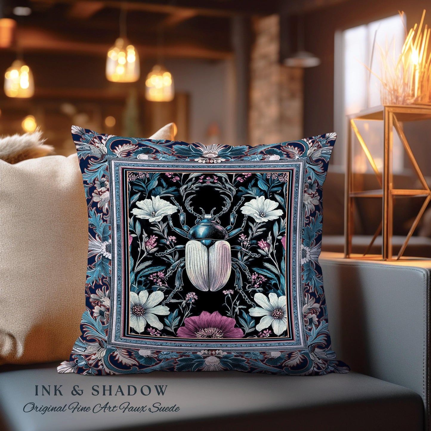 Victorian Gothic Scarab Beetle Pillow Enchanted Dark Botanical | Whimsigothic Floral Art Nouveau Fairycore Cottagegoth Indigo Insect Decor