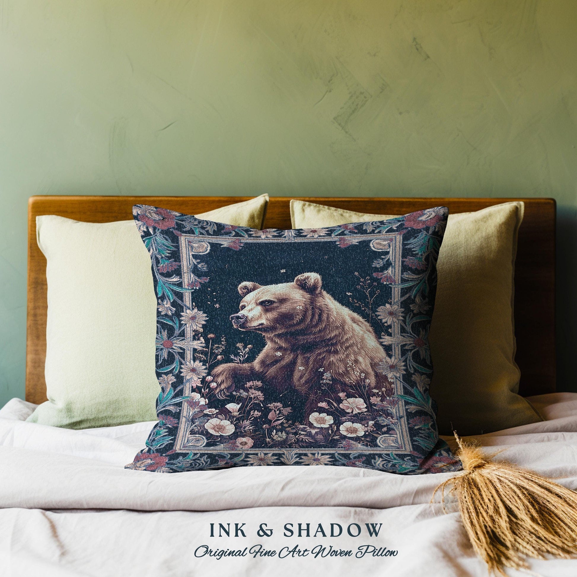 Midnight Blue Bear Pillow Wildflower Dark Floral Tapestry Cushion | Enchanted Woodland Gothic Whimsical Wildlife Art Goblincore Home Accent