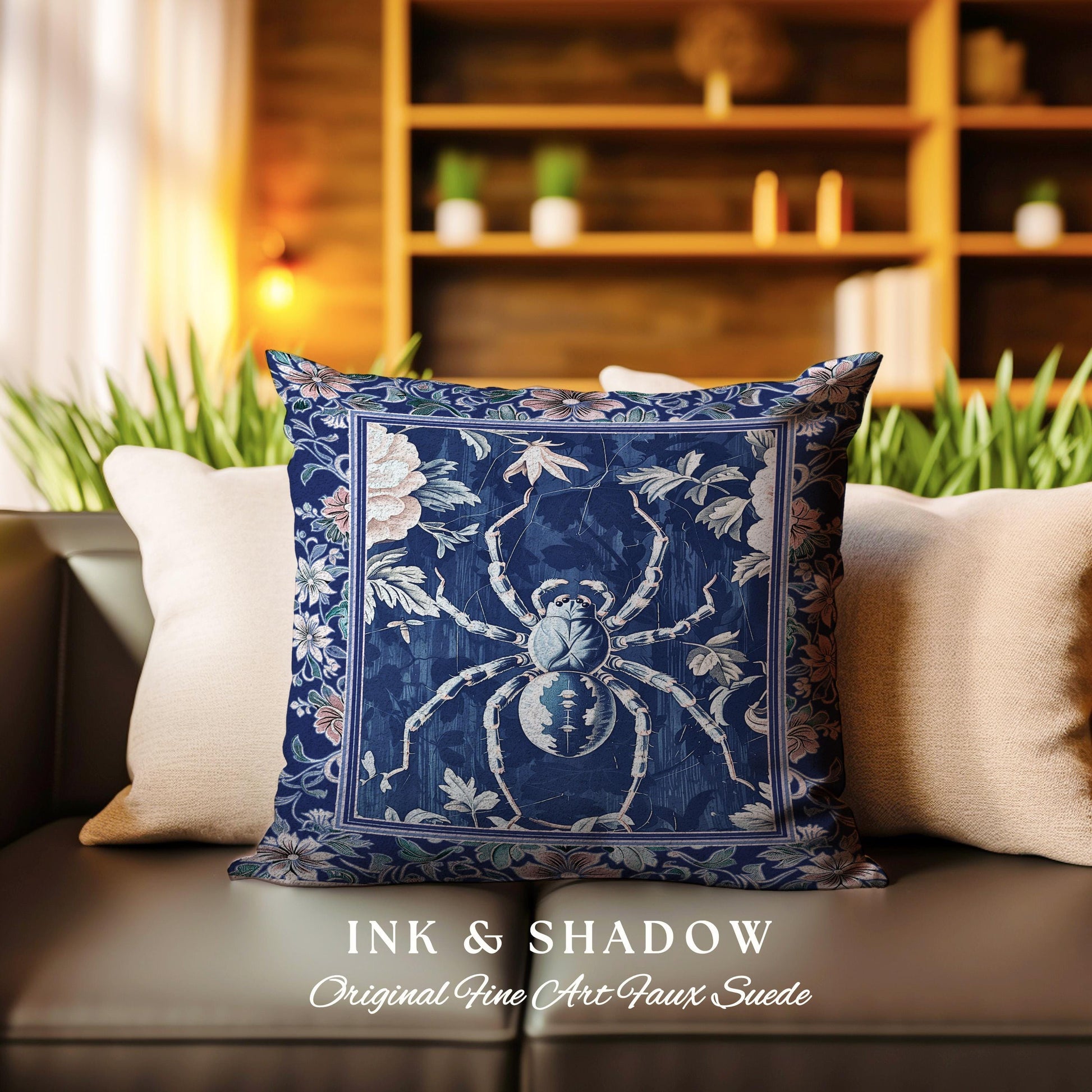 French Baroque Antique Blue Botanical Spider Pillow Gothic Cottagecore Tapestry Cushion | Whimsical Vintage Nature Enchanted Floral Accent