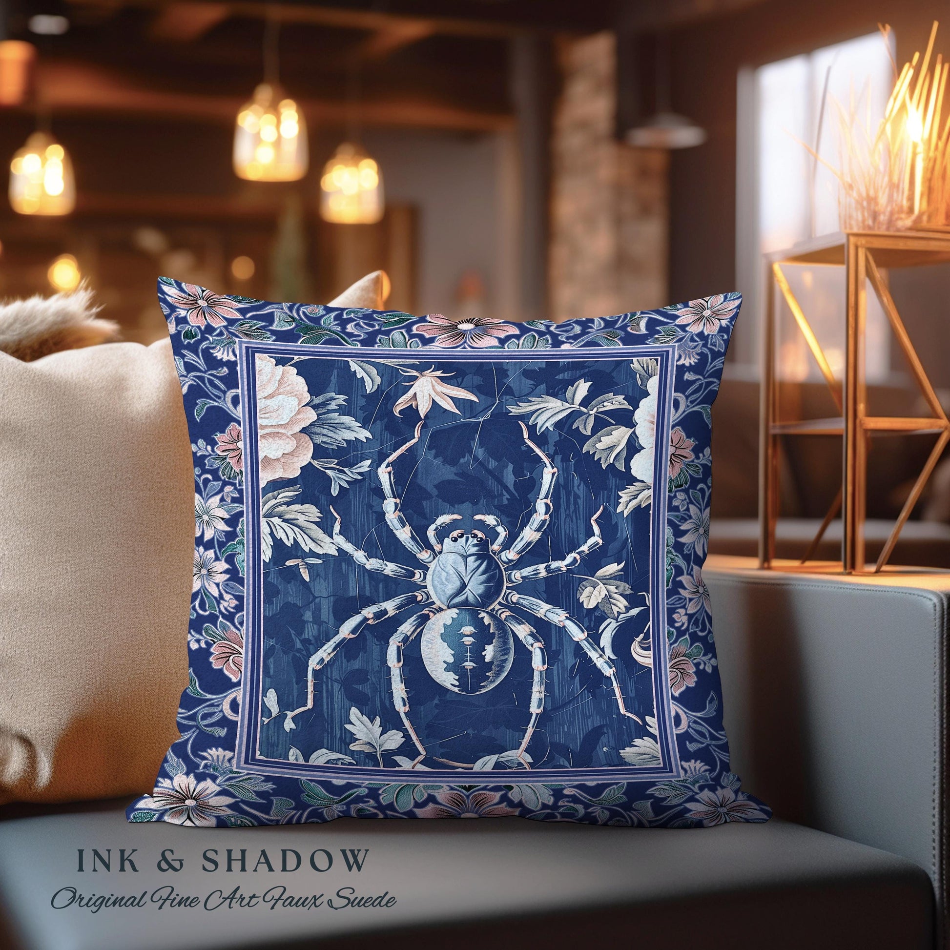 French Baroque Antique Blue Botanical Spider Pillow Gothic Cottagecore Tapestry Cushion | Whimsical Vintage Nature Enchanted Floral Accent