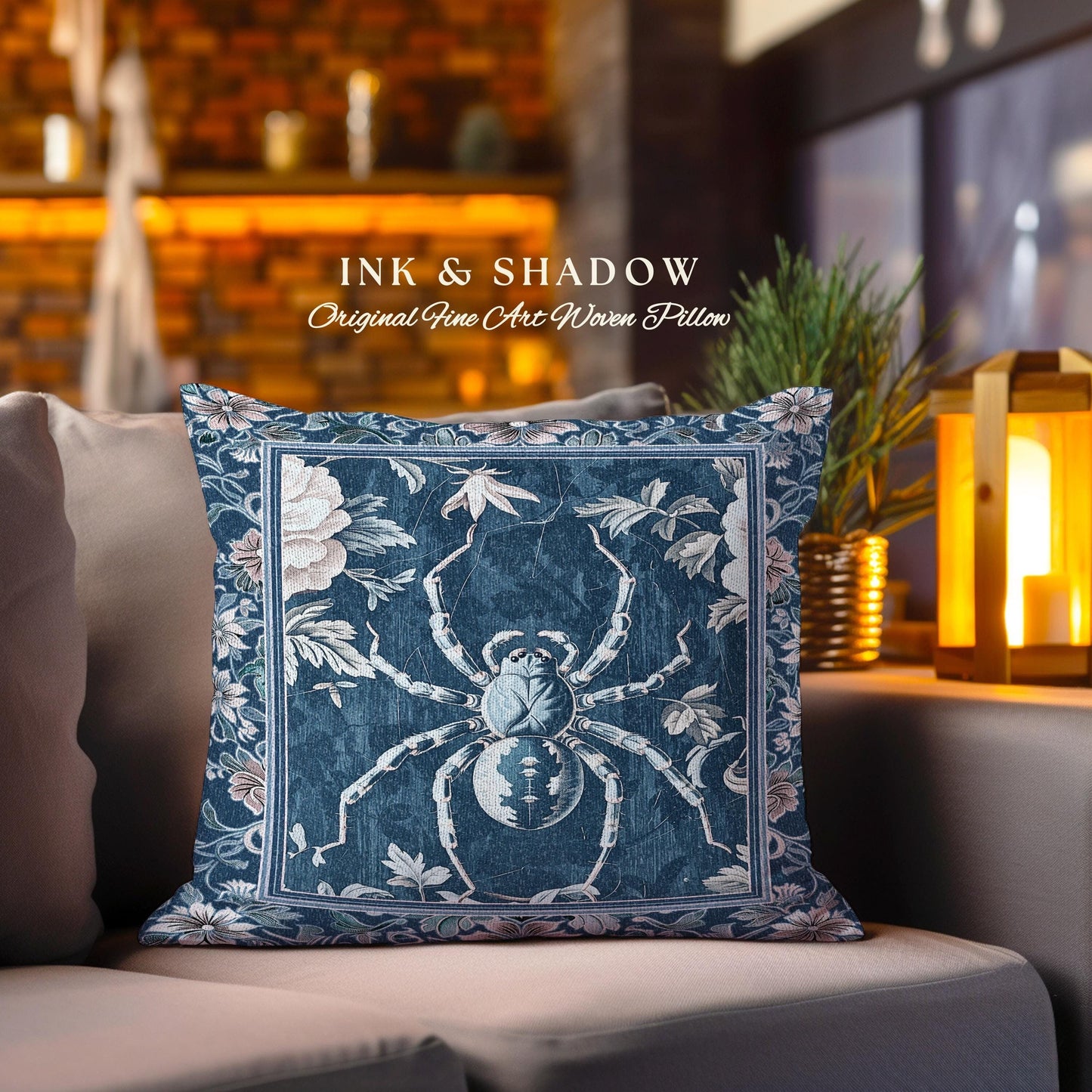 French Baroque Antique Blue Botanical Spider Pillow Gothic Cottagecore Tapestry Cushion | Whimsical Vintage Nature Enchanted Floral Accent