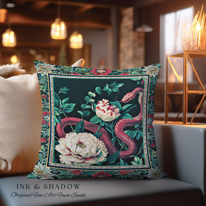 Enchanted Forest Snake Pillow Dark Woodland Floral Gothic Renaissance Decor | Mystical Cottagecore Vintage Serpent Medieval Charm Cushion