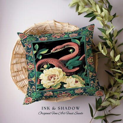 Botanical Forestcore Serpent Pillow Gothic Floral Tapestry Cushion | Mystic Goblincore Snake Decor Enchanted Victorian Dark Academia Accent