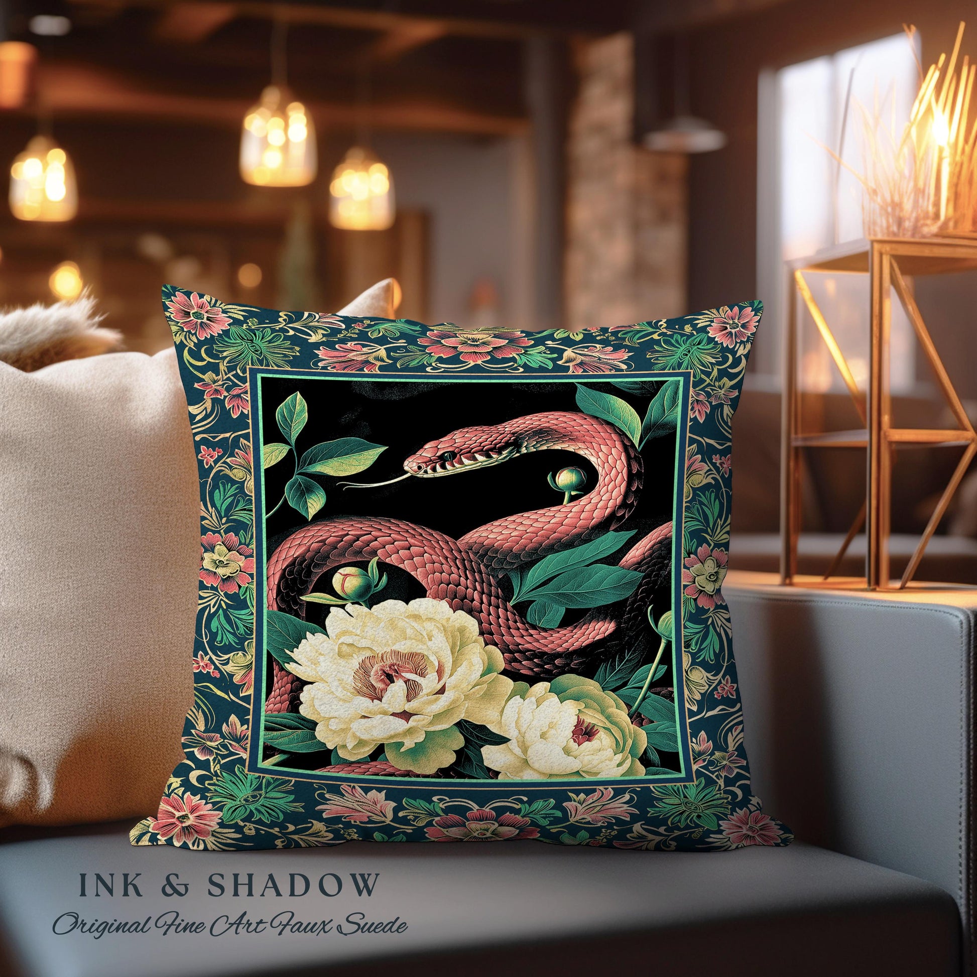 Botanical Forestcore Serpent Pillow Gothic Floral Tapestry Cushion | Mystic Goblincore Snake Decor Enchanted Victorian Dark Academia Accent