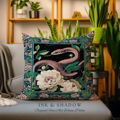 Botanical Forestcore Serpent Pillow Gothic Floral Tapestry Cushion | Mystic Goblincore Snake Decor Enchanted Victorian Dark Academia Accent