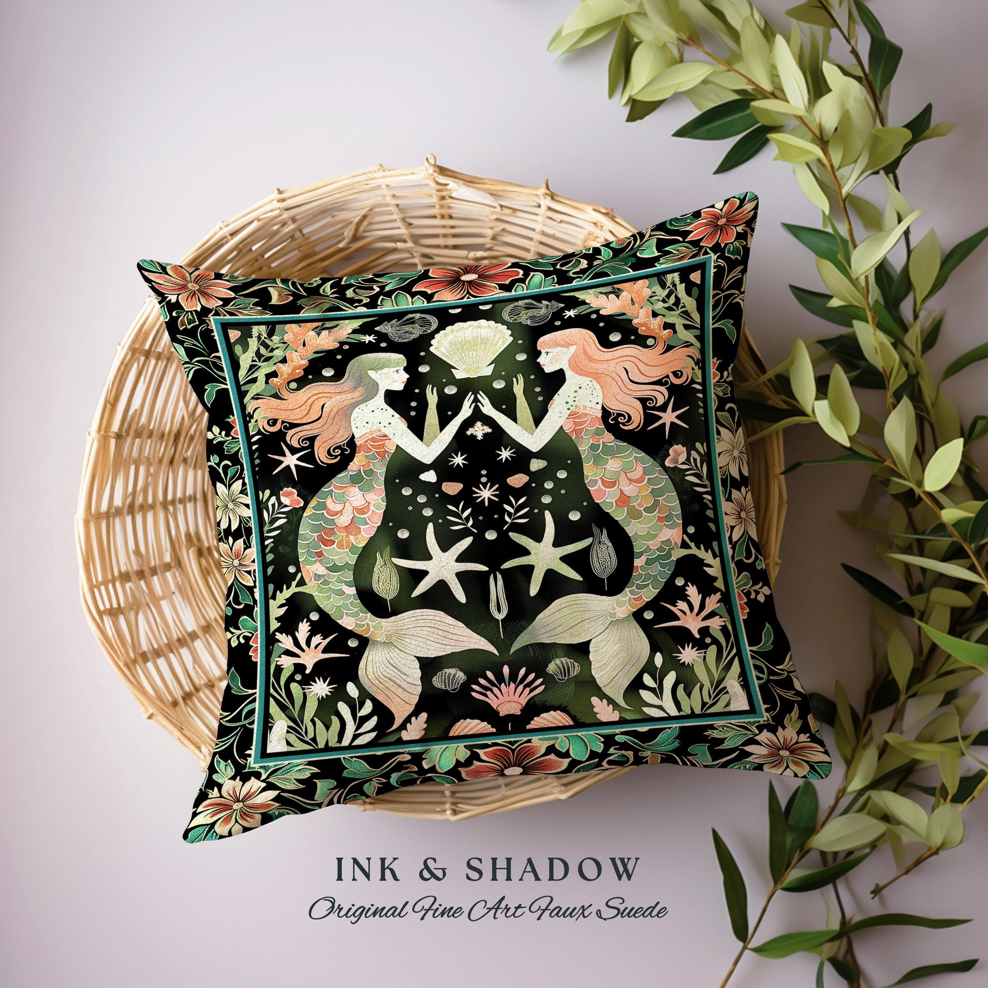 Art Nouveau Mermaid Pillow Coastal Folklore Home Decor | Vintage Seafoam Green Enchanted Ocean Underwater Sea Maiden Woven Tapestry Cushion
