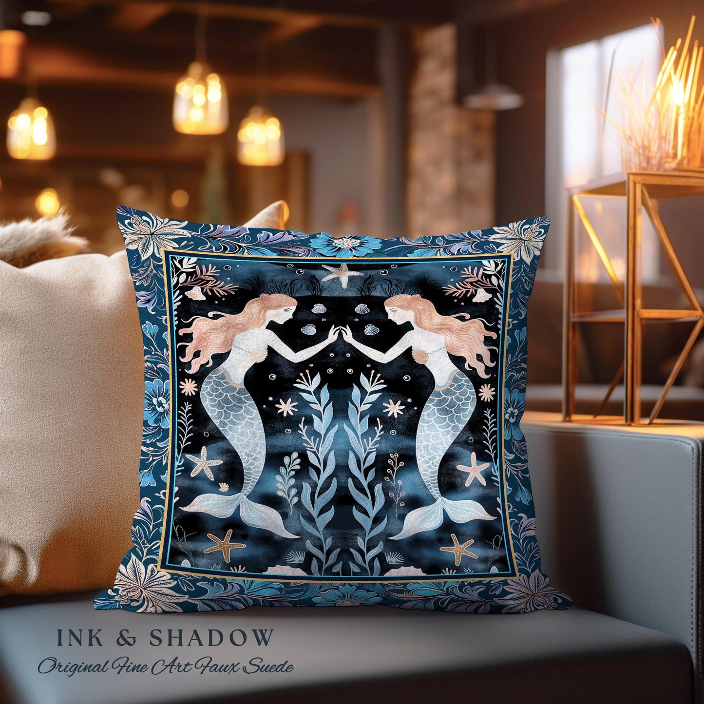 Mystical Midnight Blue Mermaid Pillow Floral Oceanic Tapestry Cushion Art Nouveau Coastal Cottagecore Whimsical Sea Nymph Enchanted Nautical