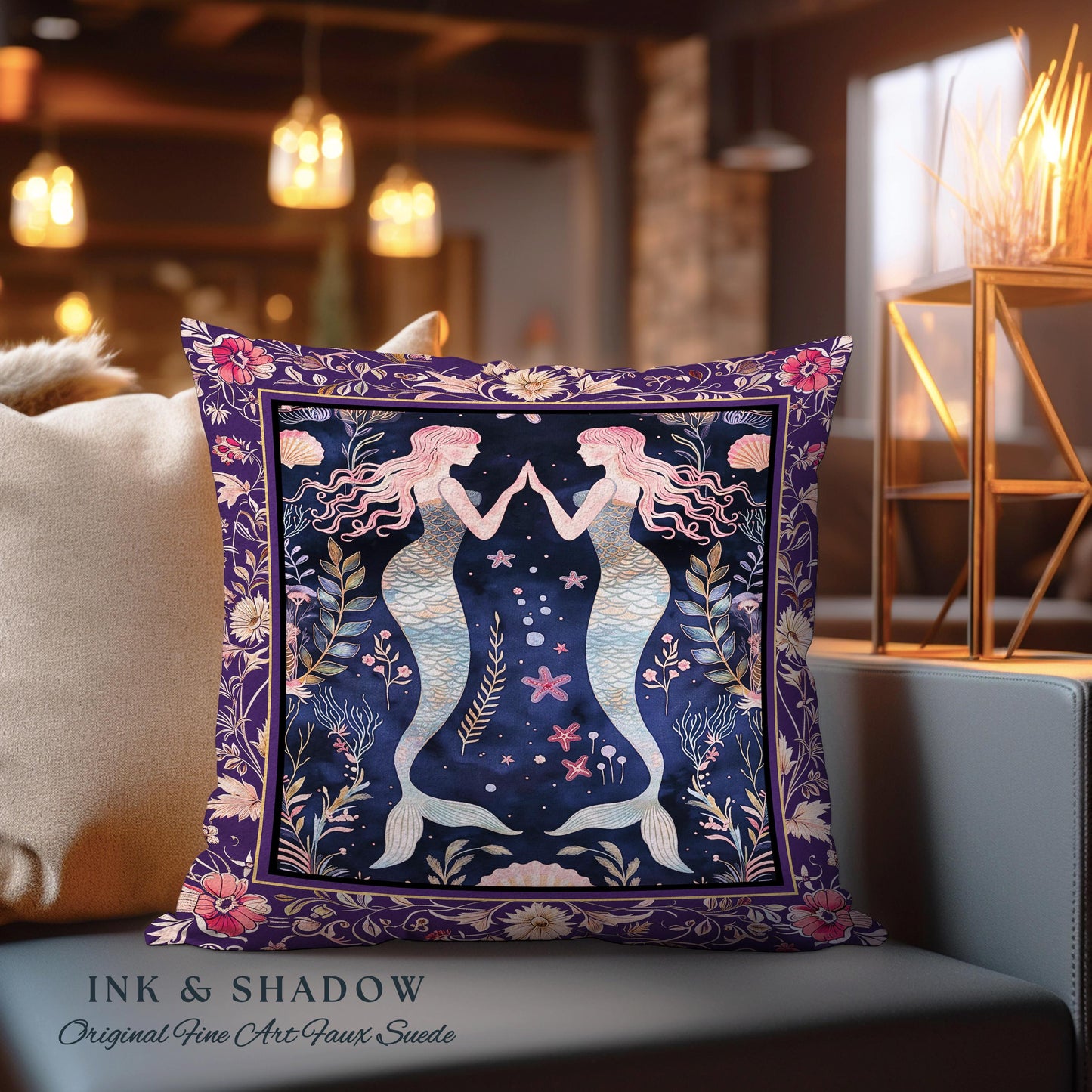 Retro Art Deco Mermaid Pillow Whimsical Coastal Cottagecore | Vintage Purple Floral Enchanted Underwater Fantasy Sirens Tapestry Cushion
