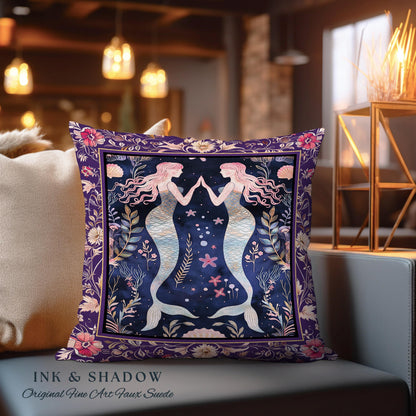 Retro Art Deco Mermaid Pillow Whimsical Coastal Cottagecore | Vintage Purple Floral Enchanted Underwater Fantasy Sirens Tapestry Cushion