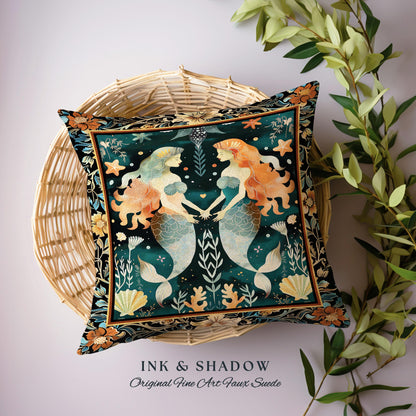 Whimsical Art Nouveau Mermaid Tapestry Cushion Costal Cottagecore, Enchanted Underwater Ocean Folklore Mystical Sea Nymph Nautical Pillow