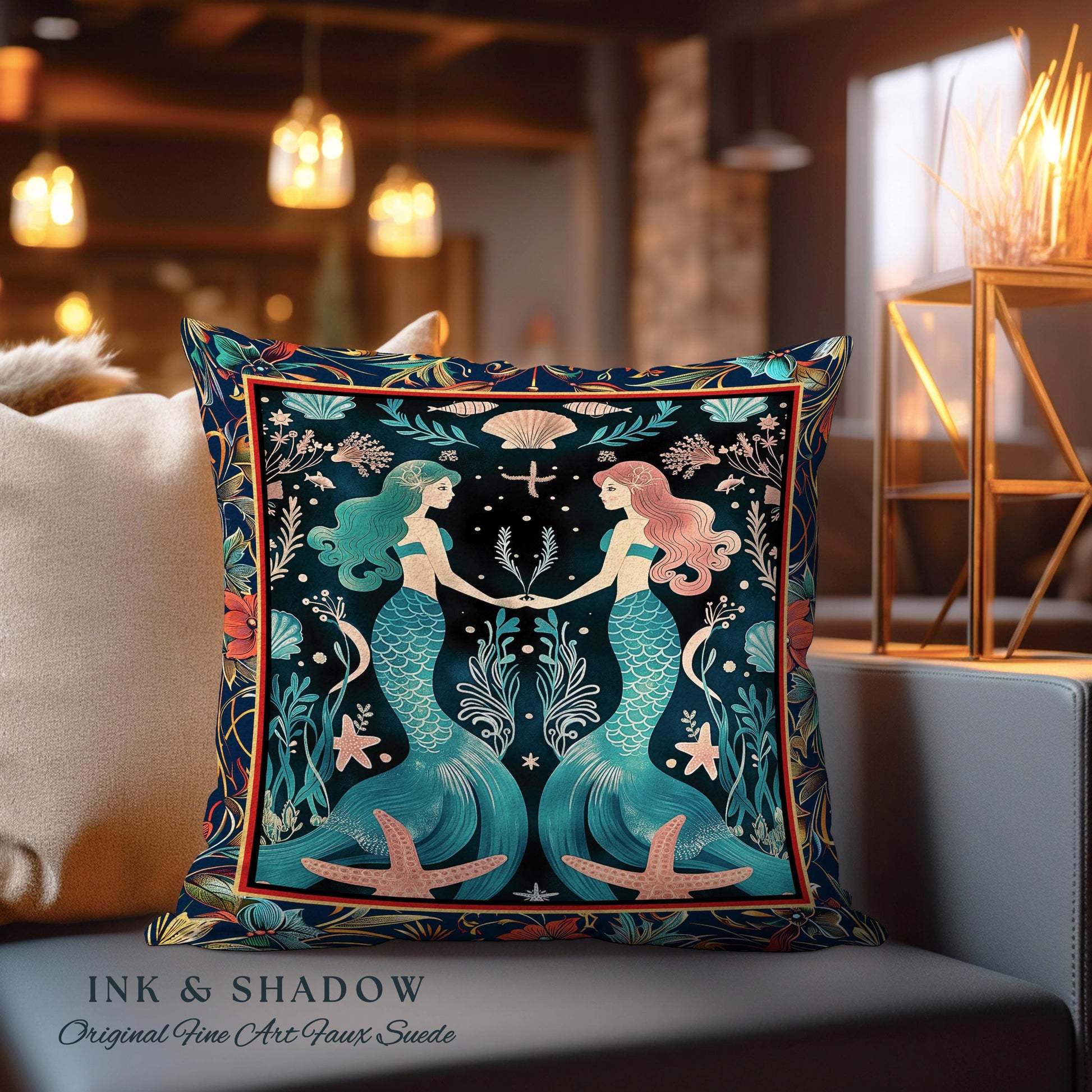 Ethereal Art Nouveau Sea Nymph Tapestry Cushion Whimsical Dark Academia Coastal Pillow Mystical Mermaid Cottagecore Enchanted Ocean Folklore