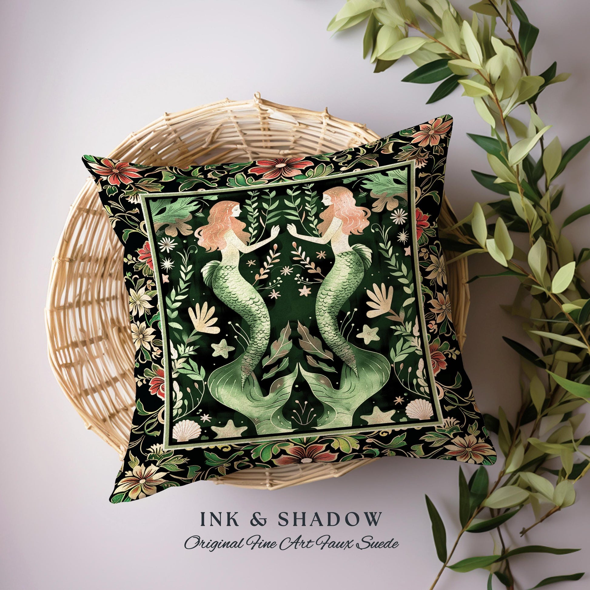 Enchanted Ocean Mermaid Floral Sea Life Pillow Emerald Green Whimsical Coastal Cottagecore, Art Nouveau Underwater Fantasy Tapestry Cushion