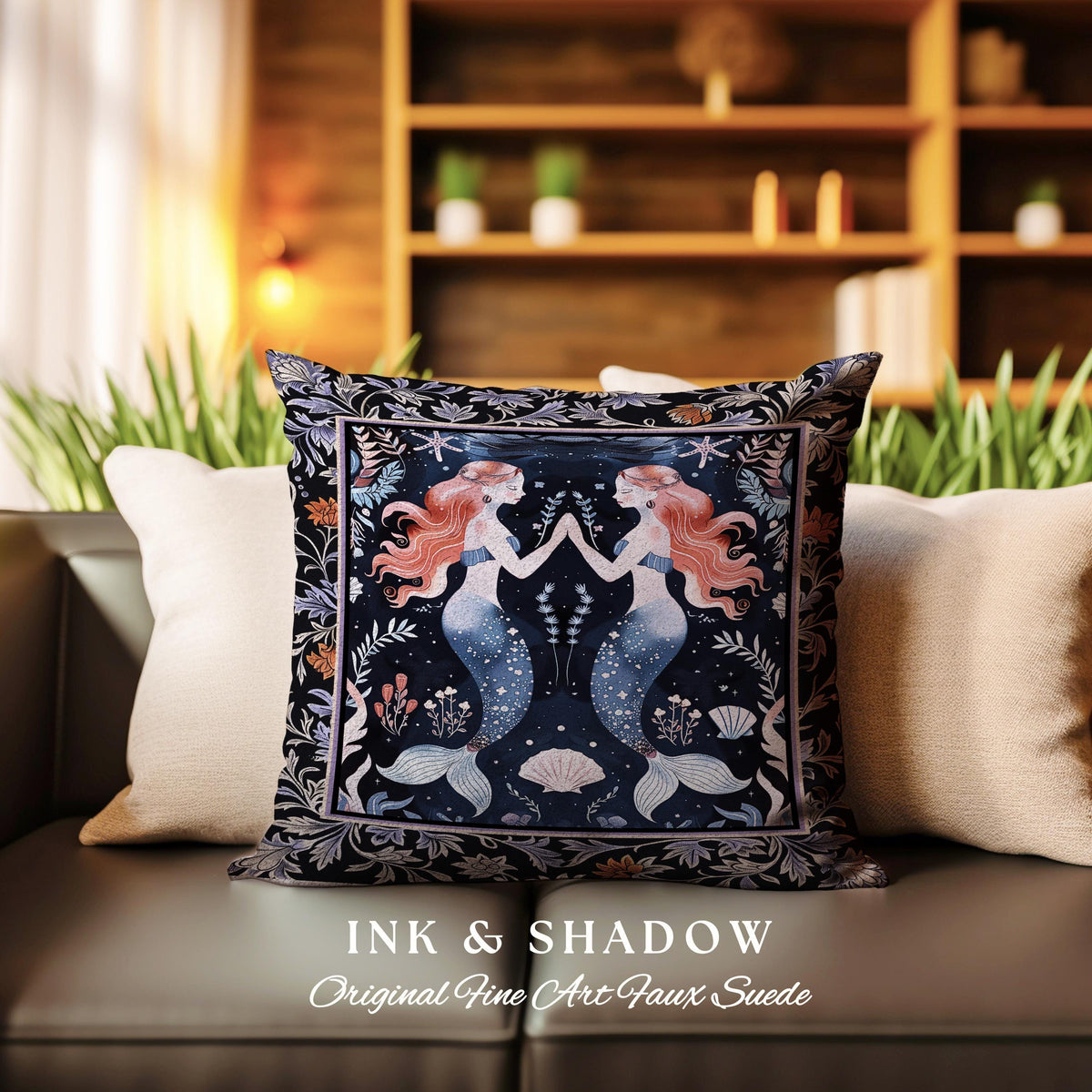 Ocean Sea Nymph Tapestry Pillow Art Nouveau Mystical Mermaid Underwater Decor | Enchanted Costal Fantasy Folklore Oceanic Woven Art Cushion