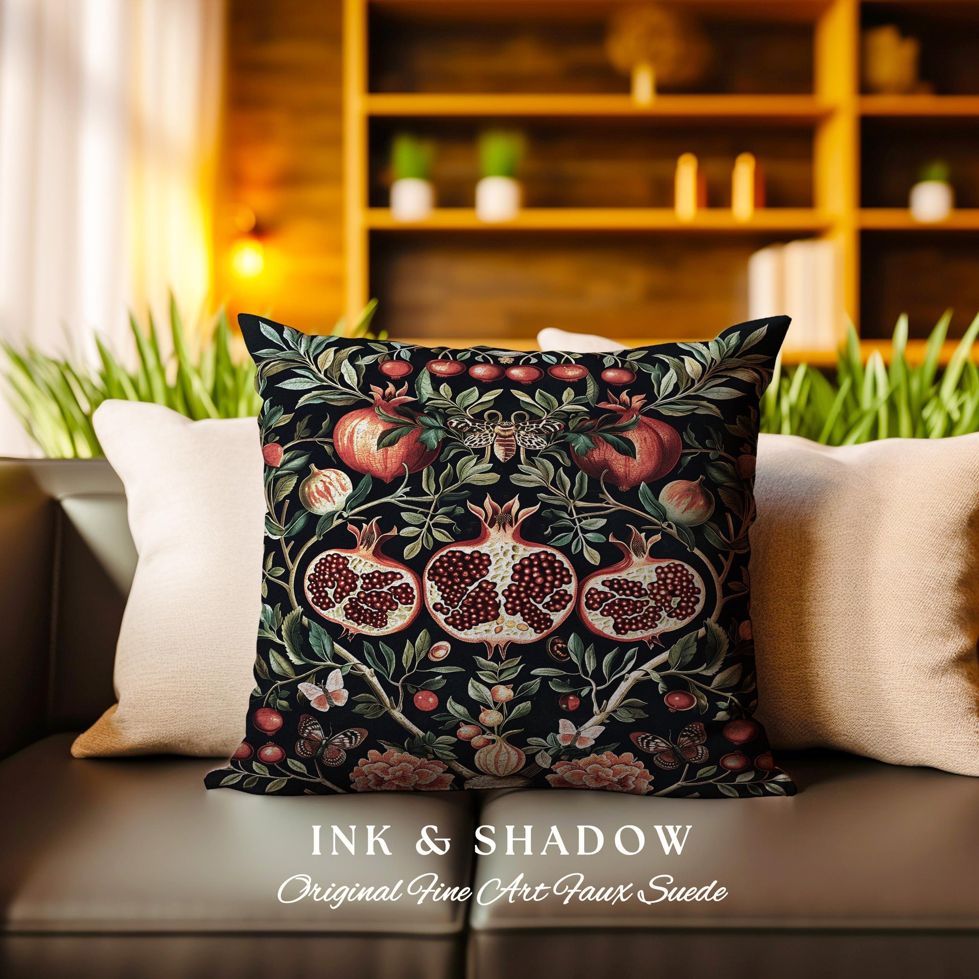 Botanical Pomegranate Enchanted Floral Whimsigothic Pillow | Dark Academia Woodland Gothic Vintage Butterfly Moth Art Cottagegoth Cushion