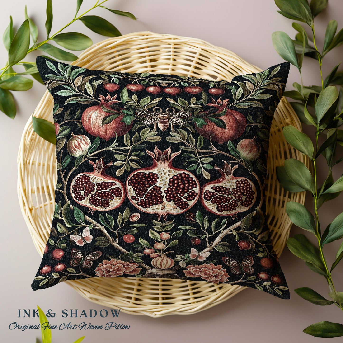 Botanical Pomegranate Enchanted Floral Whimsigothic Pillow | Dark Academia Woodland Gothic Vintage Butterfly Moth Art Cottagegoth Cushion