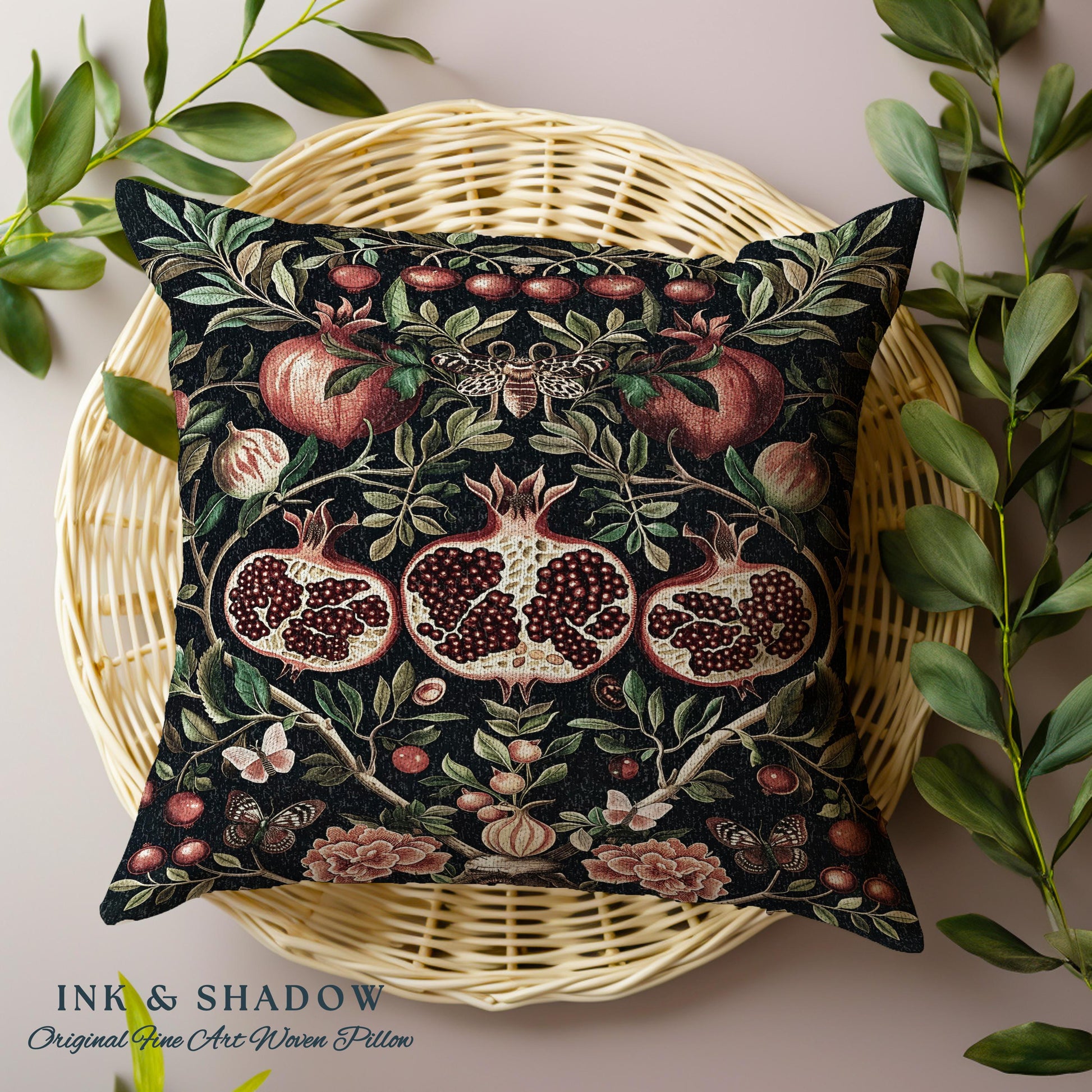 Botanical Pomegranate Enchanted Floral Whimsigothic Pillow | Dark Academia Woodland Gothic Vintage Butterfly Moth Art Cottagegoth Cushion