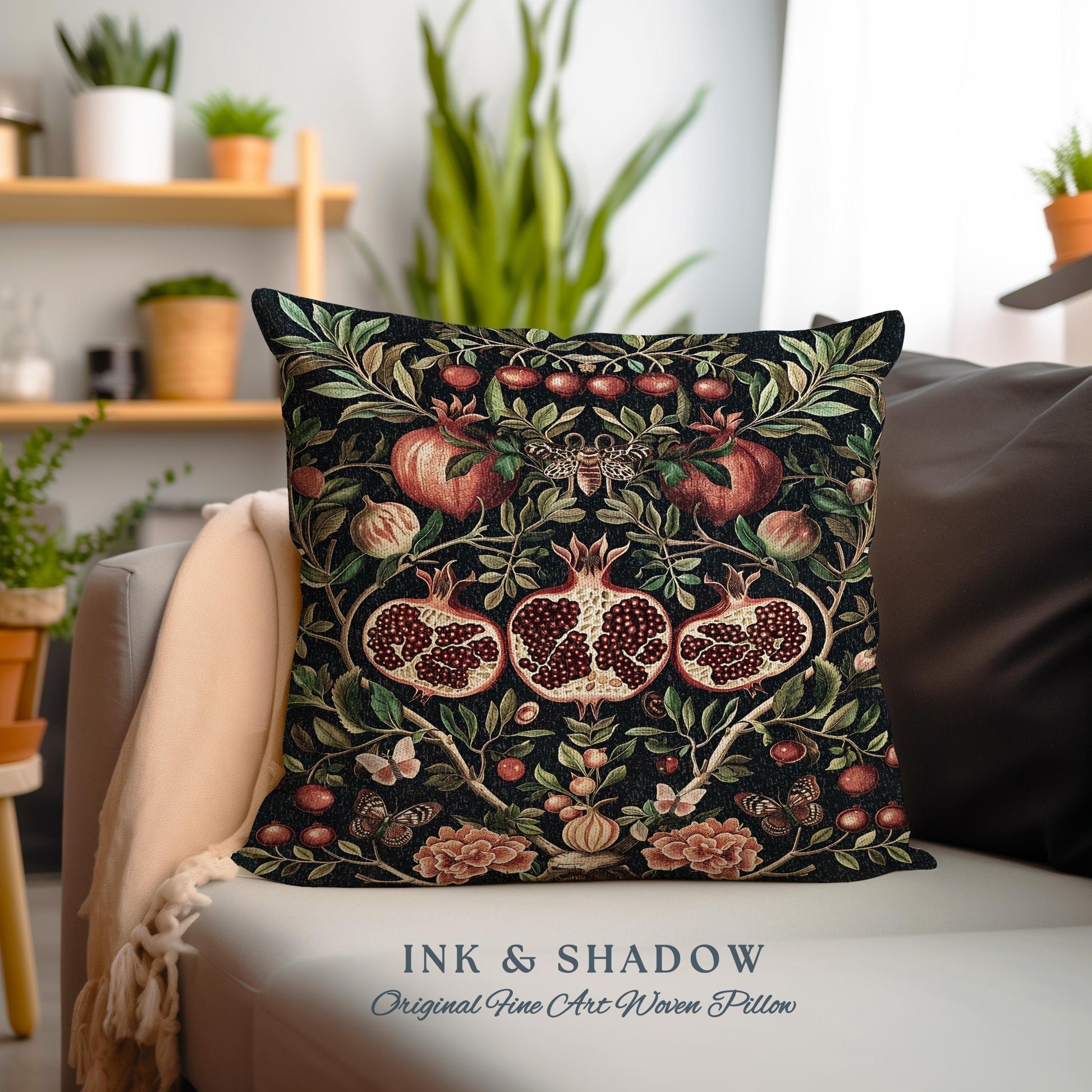 Botanical Pomegranate Enchanted Floral Whimsigothic Pillow | Dark Academia Woodland Gothic Vintage Butterfly Moth Art Cottagegoth Cushion