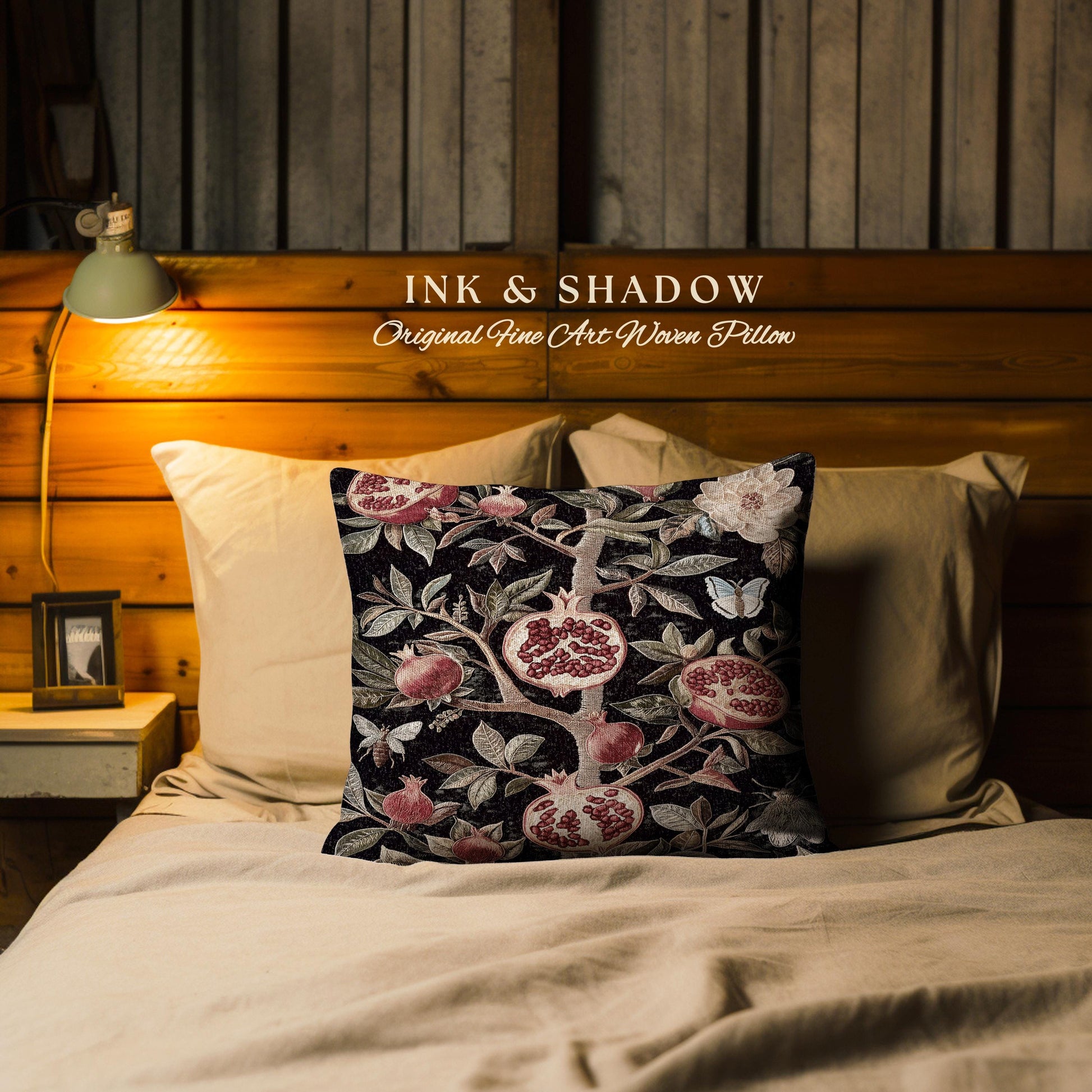 Gothic Pomegranate Pillow Mystical Botanical Woven Accent | Baroque Inspired Dark Academia Floral Butterfly Fruit Whimsigothic Cushion Boho