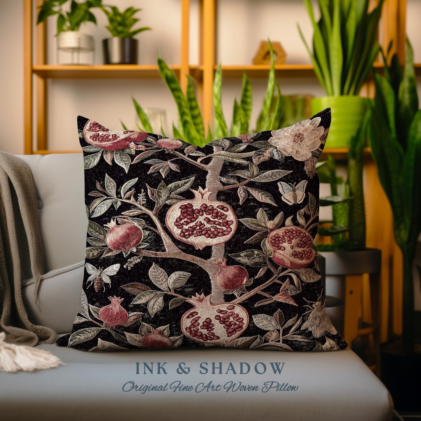 Gothic Pomegranate Blanket Mystical Botanical Tapestry Pillow | Baroque Inspired Dark Academia Floral Butterfly Fruit Whimsigothic Cushion