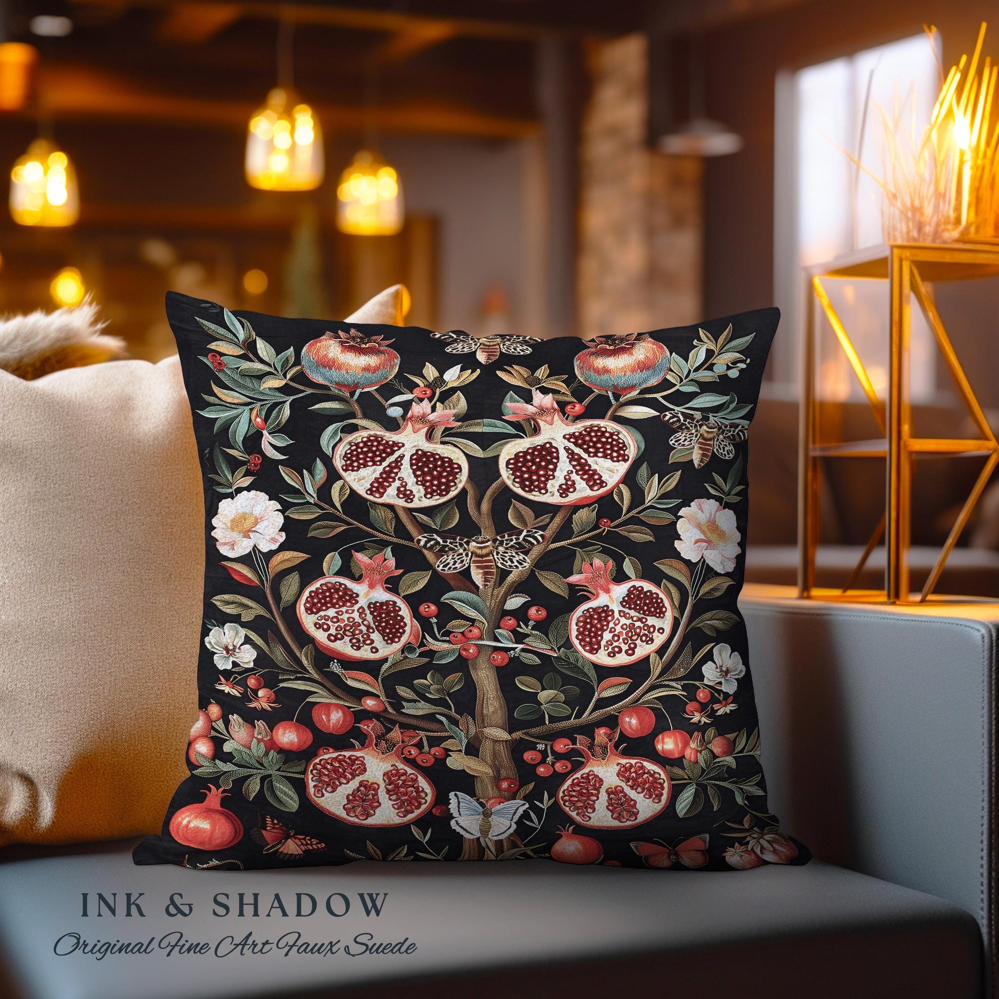 Enchanted Forestcore Victorian Gothic Pomegranate Pillow Dark Botanical Tapestry Cushion | Whimsical Floral Decor Whimsigoth Art Accent