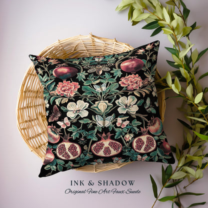 Ethereal Pomegranate Pillow Enchanted Tapestry Botanical Cushion | Baroque Inspired Dark Academia Butterfly Moth Gothic Floral Fruit Decor