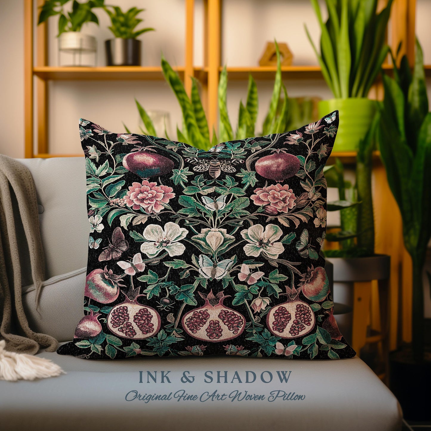 Ethereal Pomegranate Pillow Enchanted Tapestry Botanical Cushion | Baroque Inspired Dark Academia Butterfly Moth Gothic Floral Fruit Decor