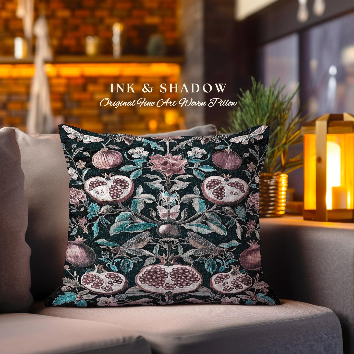 Woodland Gothic Pomegranate Botanical Pillow Enchanted Nature Butterfly Cushion | Romantic Baroque Whimsical Forestcore Floral Cottagecore