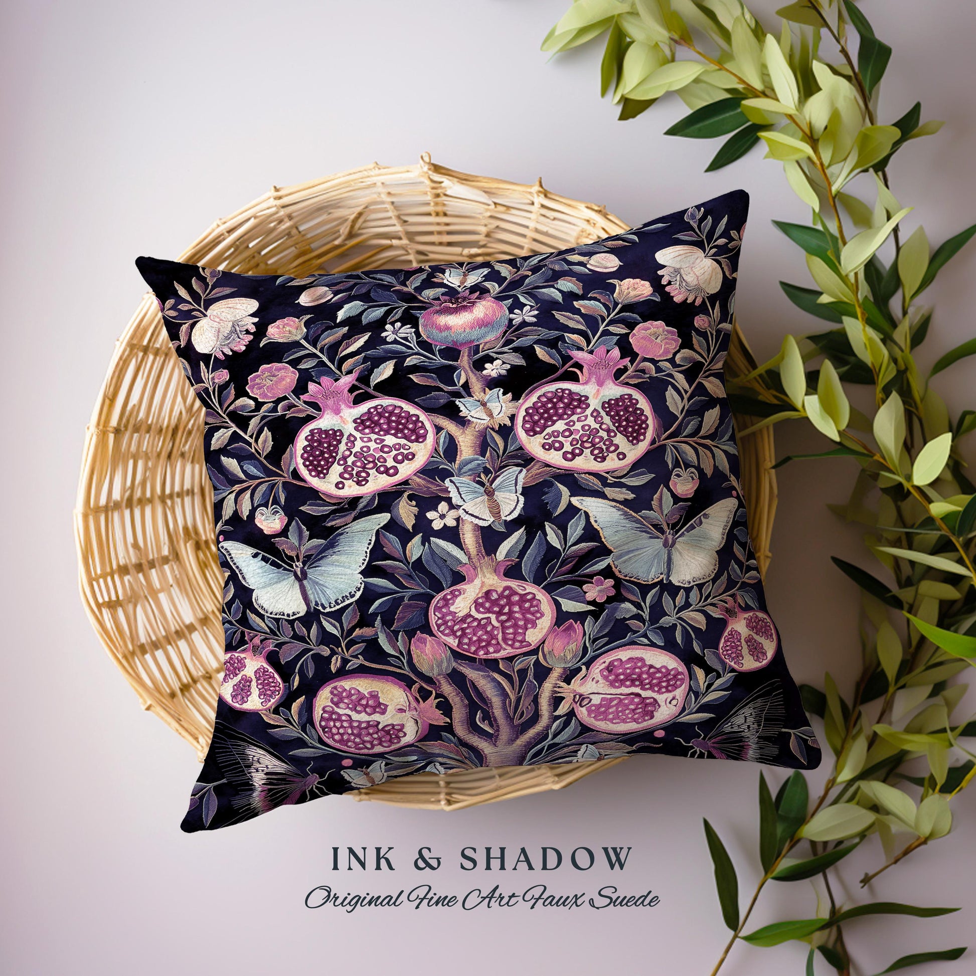 Whimsical Pomegranate Butterfly Pillow Enchanted Woodland Victorian Gothic | Dark Academia Vintage Fairycore Botanical Art Ethereal Cushion