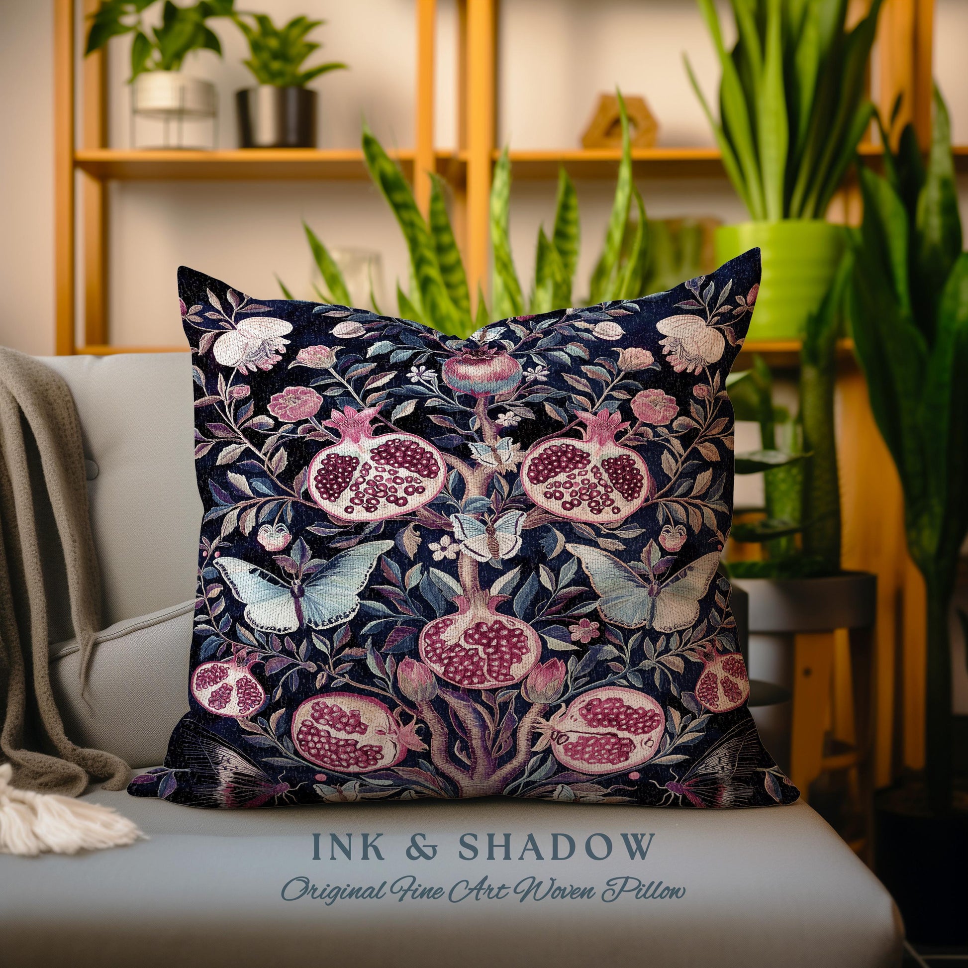 Whimsical Pomegranate Butterfly Pillow Enchanted Woodland Victorian Gothic | Dark Academia Vintage Fairycore Botanical Art Ethereal Cushion