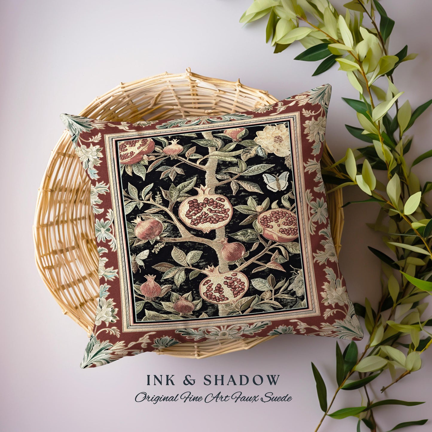 Floral Whimsigoth Vintage Pomegranate Art Nature Pillow Cottagegoth Botanical Baroque Elegance, Medieval Fruit Cottagecore Tapestry Cushion