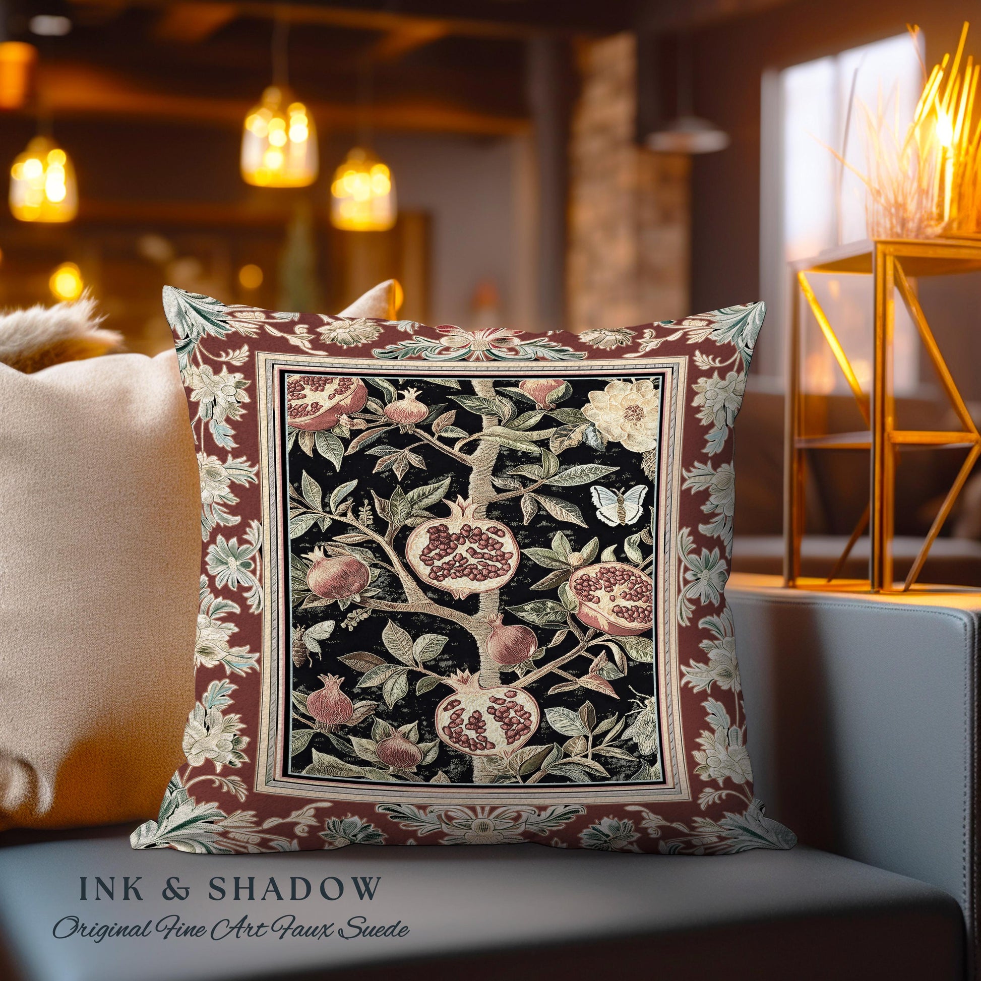 Floral Whimsigoth Vintage Pomegranate Art Nature Pillow Cottagegoth Botanical Baroque Elegance, Medieval Fruit Cottagecore Tapestry Cushion