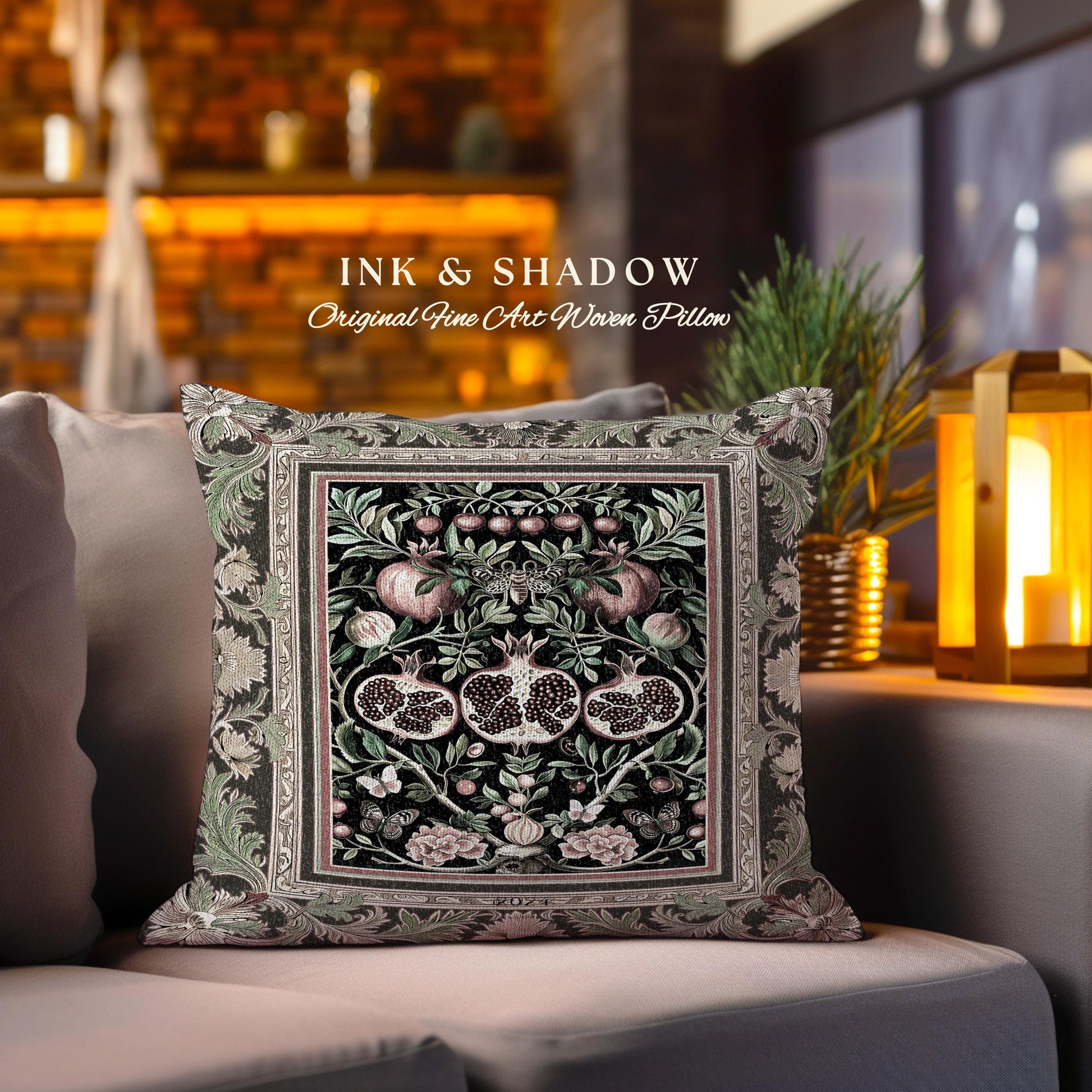 Forestcore Moody Maximalism Pomegranate Pillow Earthy Whimsigothic, Floral Fairycore Grunge Medieval Woodland Gothic Nature Tapestry Cushion