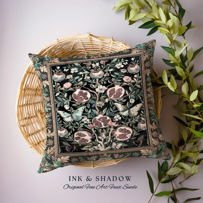 Mystical Pomegranate Forestcore Tapestry Pillow Whimsical Nature Inspired Botanical Cottagecore Cushion, Vintage Woodland Gothic Forest Art