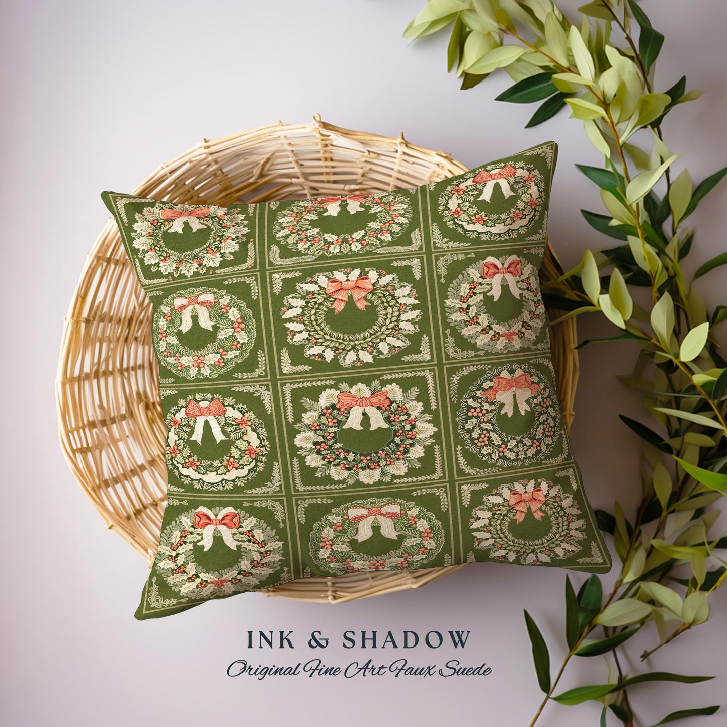 Scandi Sage Green & Cream Norfolk Wreath Tapestry Cushion Cozy Vintage Holiday Decor | Rustic Farmhouse Nordic Style Woven Christmas Pillow