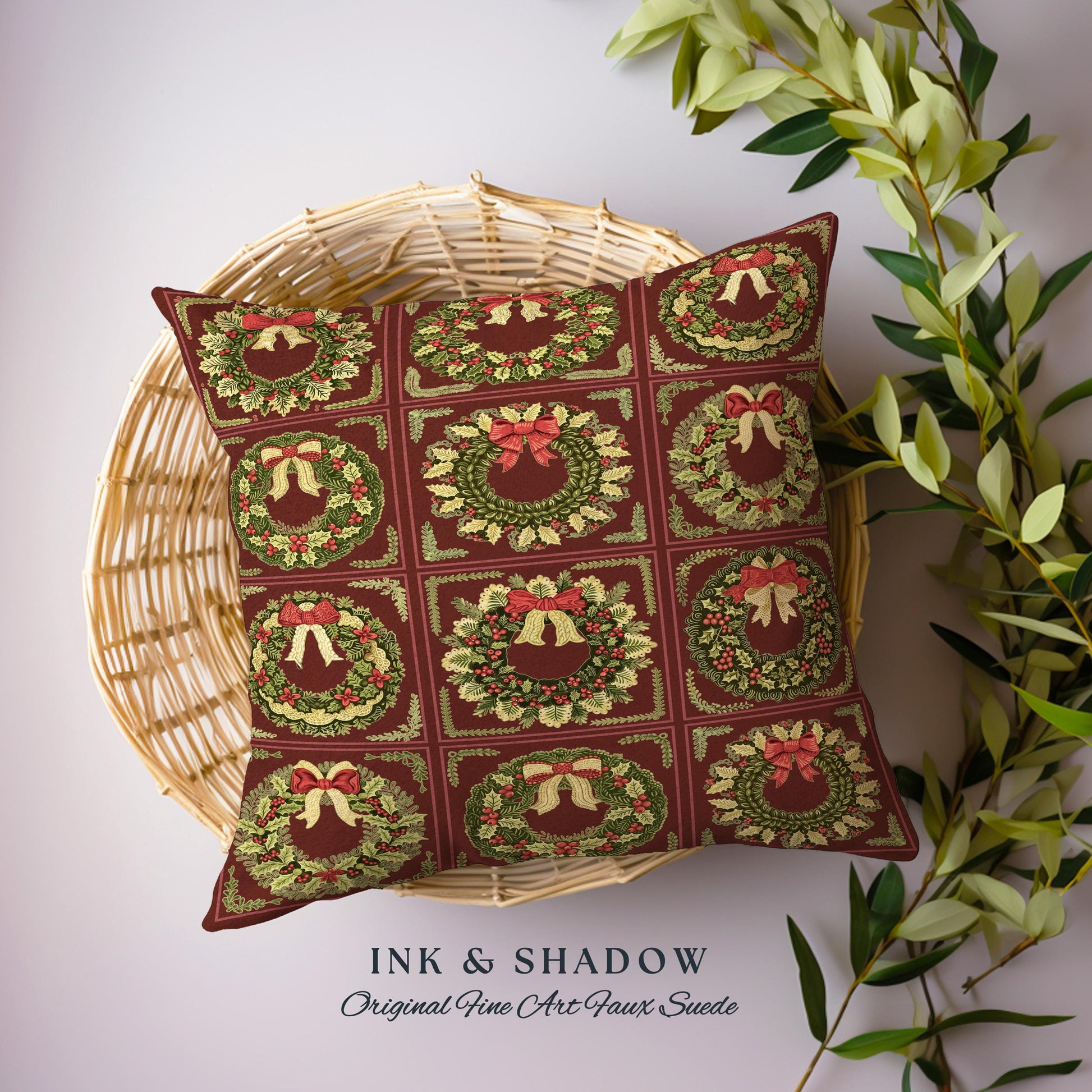 Ornate Baroque Burgundy Berry Wreath Tapestry Pillow Antique Inspired Home Decor | Elegant Festive Cozy Dark Academia Cushion Christmas Gift