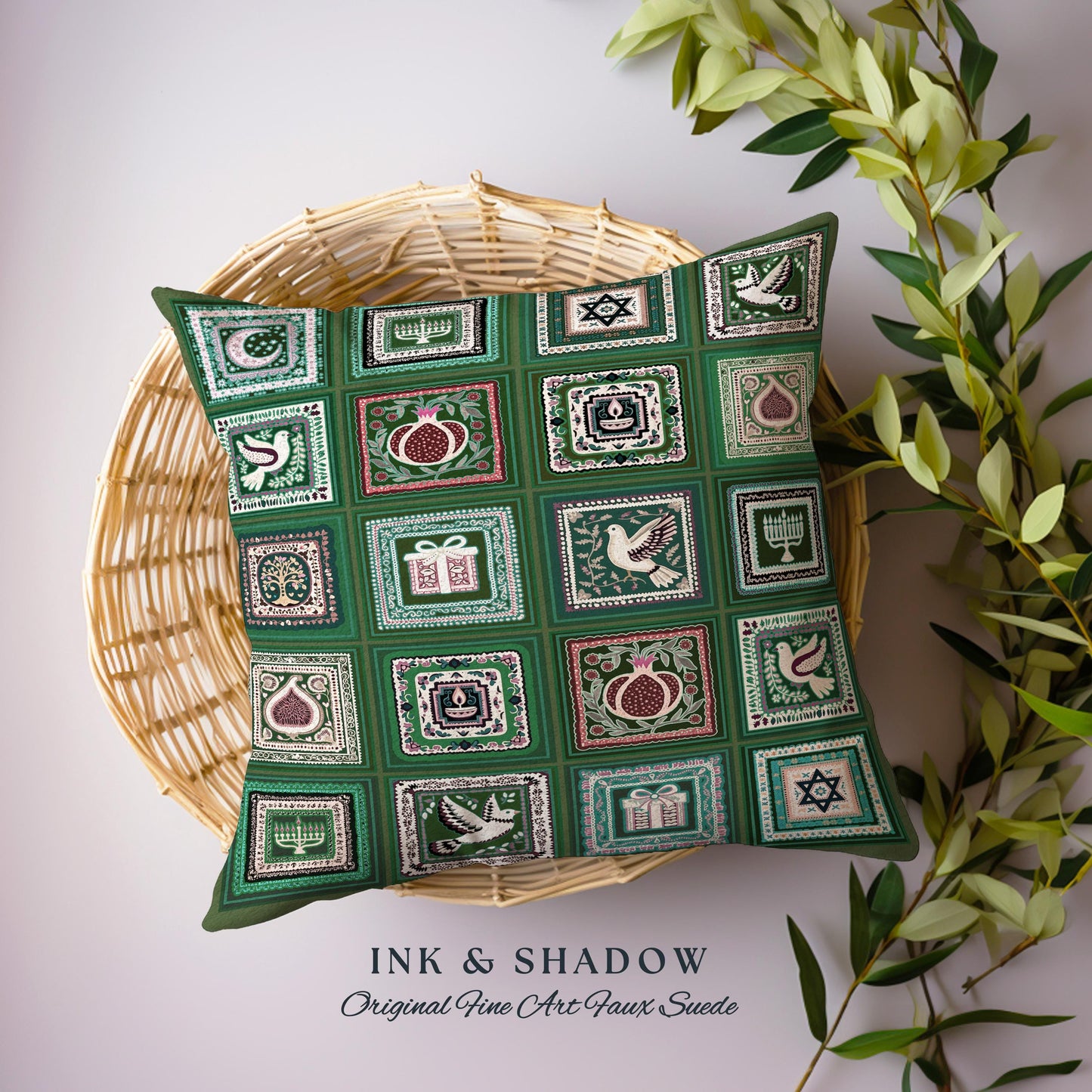 Eclectic Emerald Green Judaica Heritage Tapestry Cushion Jewish Holiday Whimsical Patchwork Pillow Festive Hanukah Isreal Folk Art Decor