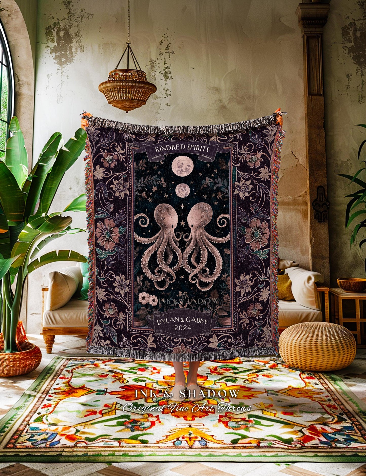 Midnight Purple Romantic Octopus Couple Blanket Custom Names Tapestry, Celestial Underwater Personalized Wedding Anniversary Valentine Gift