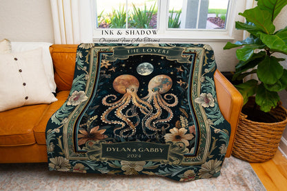 Octopus Couple Romantic Woven Blanket Gift | Oceanic Theme Whimsigothic Tapestry Celestial Personalized Dark Academia Anniversary Valentine