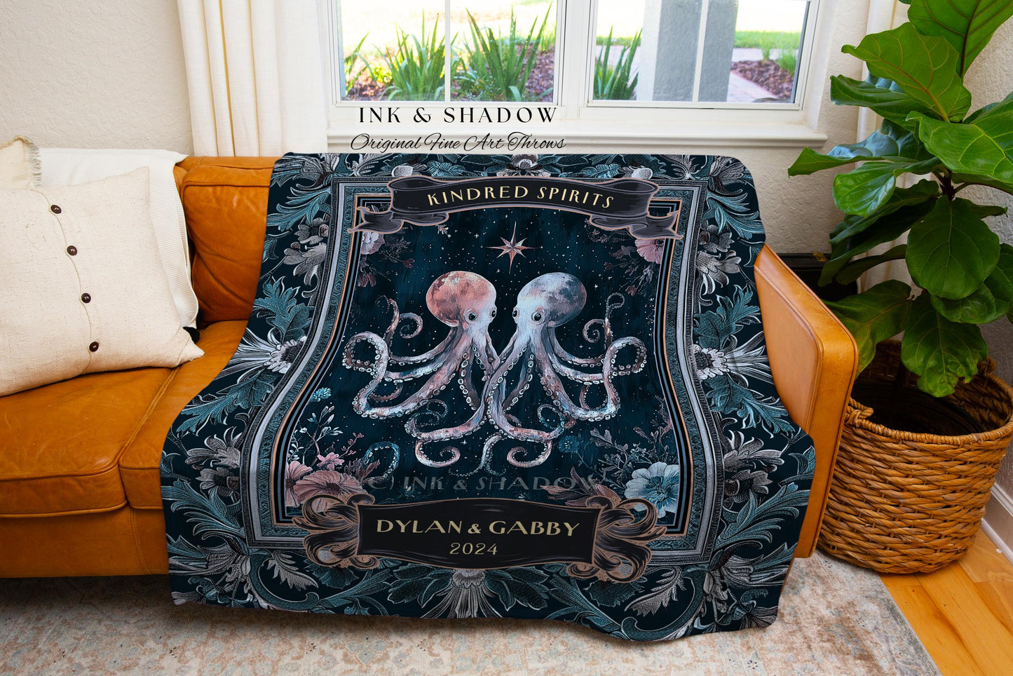 Ethereal Marine Life Octopus Couple Blanket | Personalized Names Woven Tapestry Celestial Aesthetic Underwater Theme Wedding Anniversary |