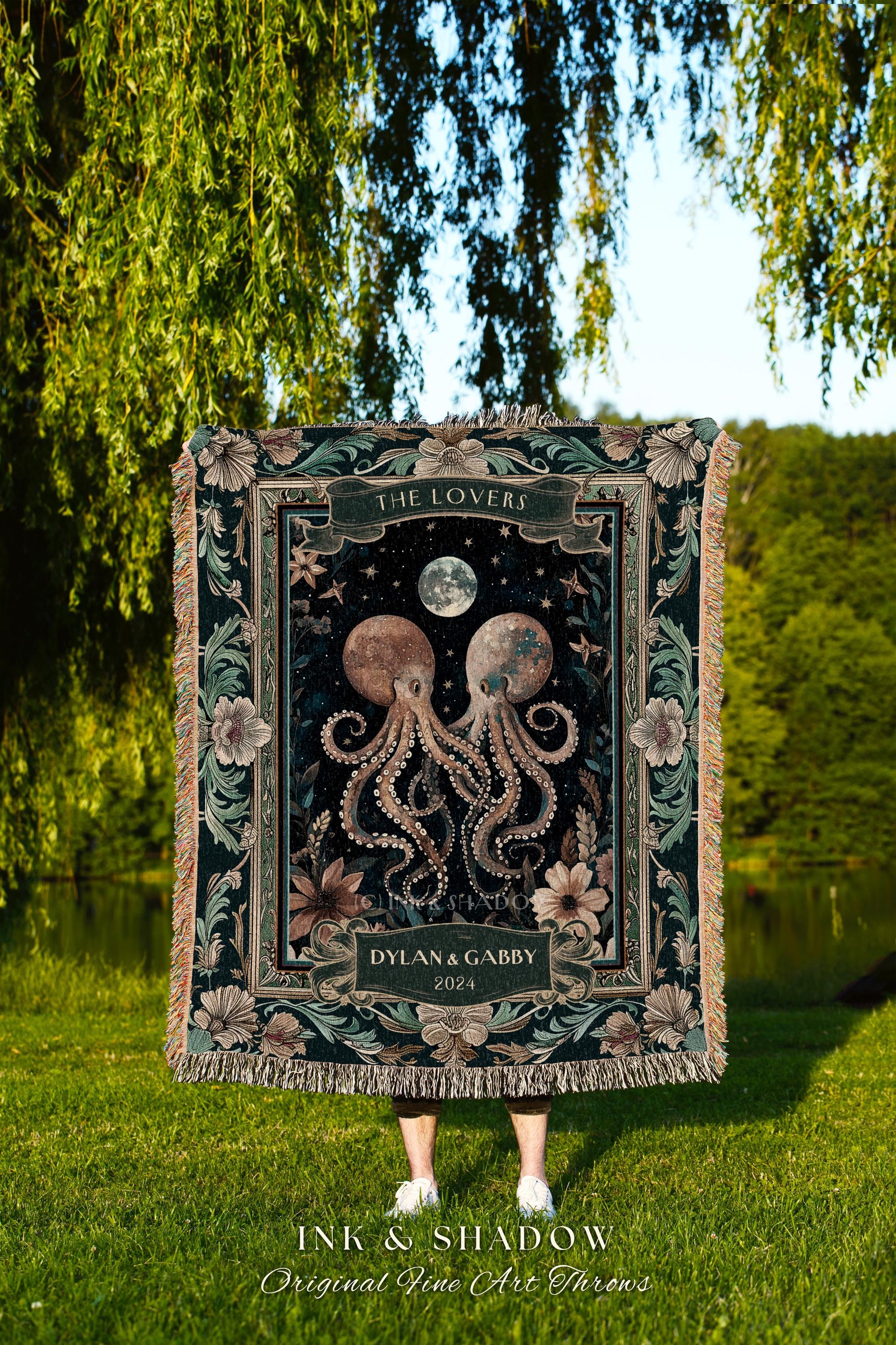 Witchy Ethereal Couple Tapestry Blanket | Octopus Lovers Anniversary Gift Custom Name & Date Tapestry Celestial Personalized Valentine Gift