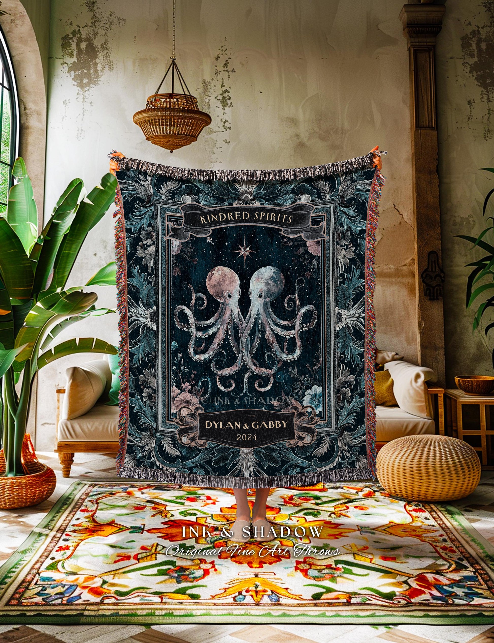 Ethereal Marine Life Octopus Couple Blanket | Personalized Names Woven Tapestry Celestial Aesthetic Underwater Theme Wedding Anniversary |