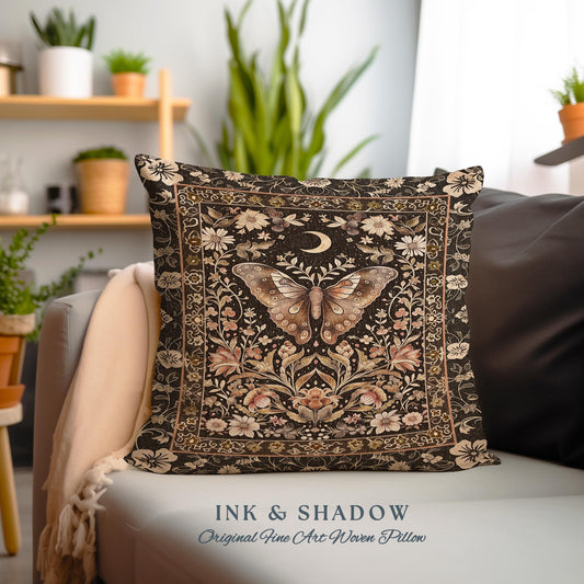 Whimsical Moth Pillow Soft Cottagecore Rustic Decor, Mystic Floral Butterfly Art Tapestry Cushion Bohemian Fairycore Gift for New Homeowner