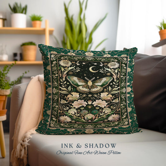 Dark Green Cottagecore Moth Pillow Ethereal Botanical Fairycore Decor, Moonlit Garden Boho Butterfly Art Floral Moth Tapestry Nature Cushion