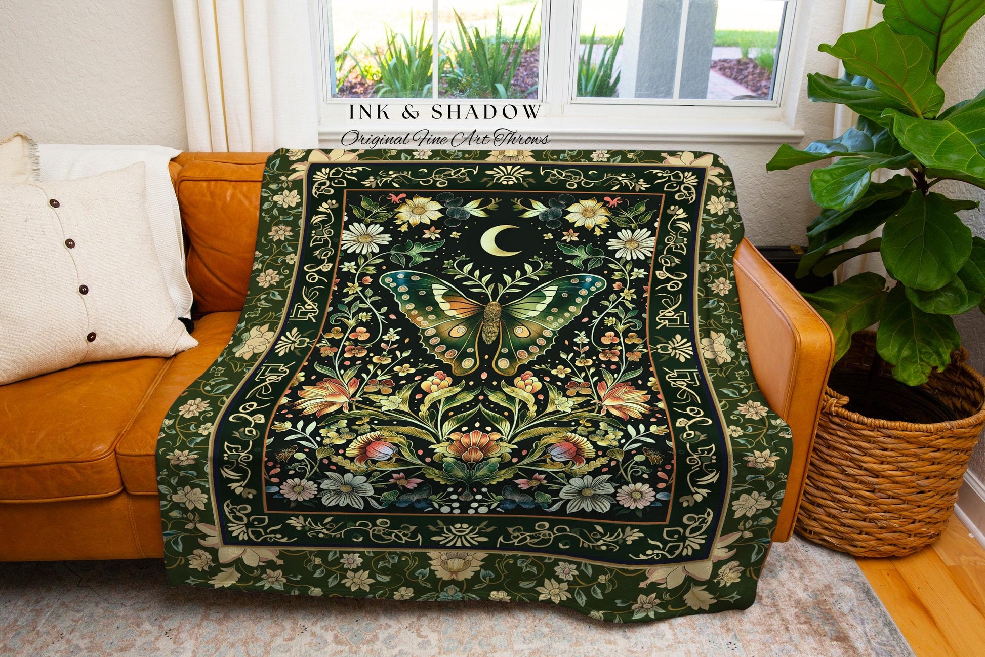 Woodland Gothic Botanical Moth Blanket Witchy Dark Academia Aesthetic Room Decor | Whimsical Green Cottagecore Butterfly Moth Tapestry Throw