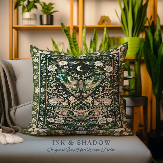 Woodland Gothic Botanical Moth Pillow Witchy Dark Academia Aesthetic Room Decor, Whimsical Green Cottagecore Butterfly Moth Tapestry Cushion