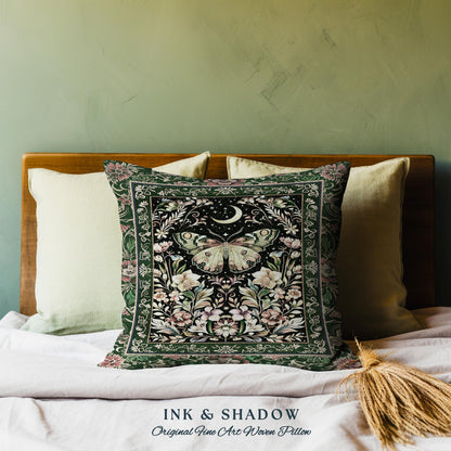 Boho Botanical Moth Woven Pillow Floral Grunge Fairycore Room Decor, Gothic Moon Moth Butterfly Forestcore Dark Cottagecore Tapestry Cushion