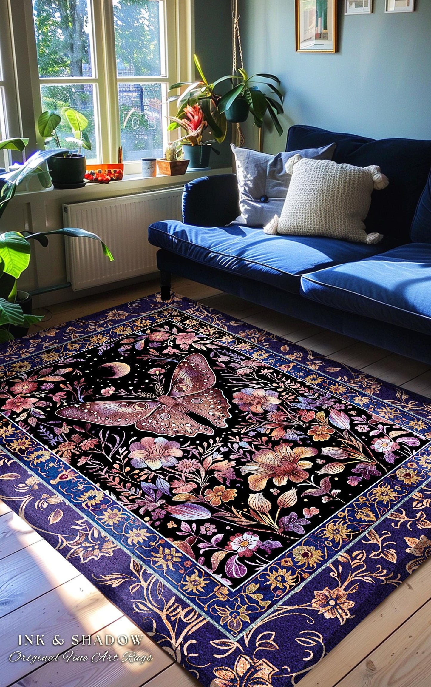 Witchy Botanical Moth Rug Whimsigothic Purple Floral Fairycore Aesthetic | Gothic Cottagecore Butterfly Celestial Moonlit Woodland Whimsy