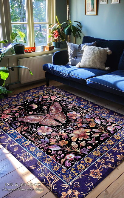 Witchy Botanical Moth Rug Whimsigothic Purple Floral Fairycore Aesthetic | Gothic Cottagecore Butterfly Celestial Moonlit Woodland Whimsy