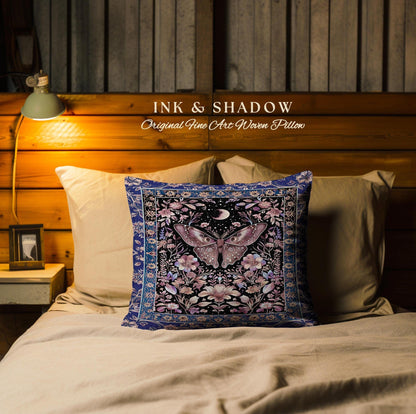 Witchy Botanical Moth Pillow Whimsigothic Purple Floral Fairycore Aesthetic | Gothic Cottagecore Butterfly Celestial Whimsy Tapestry Cushion